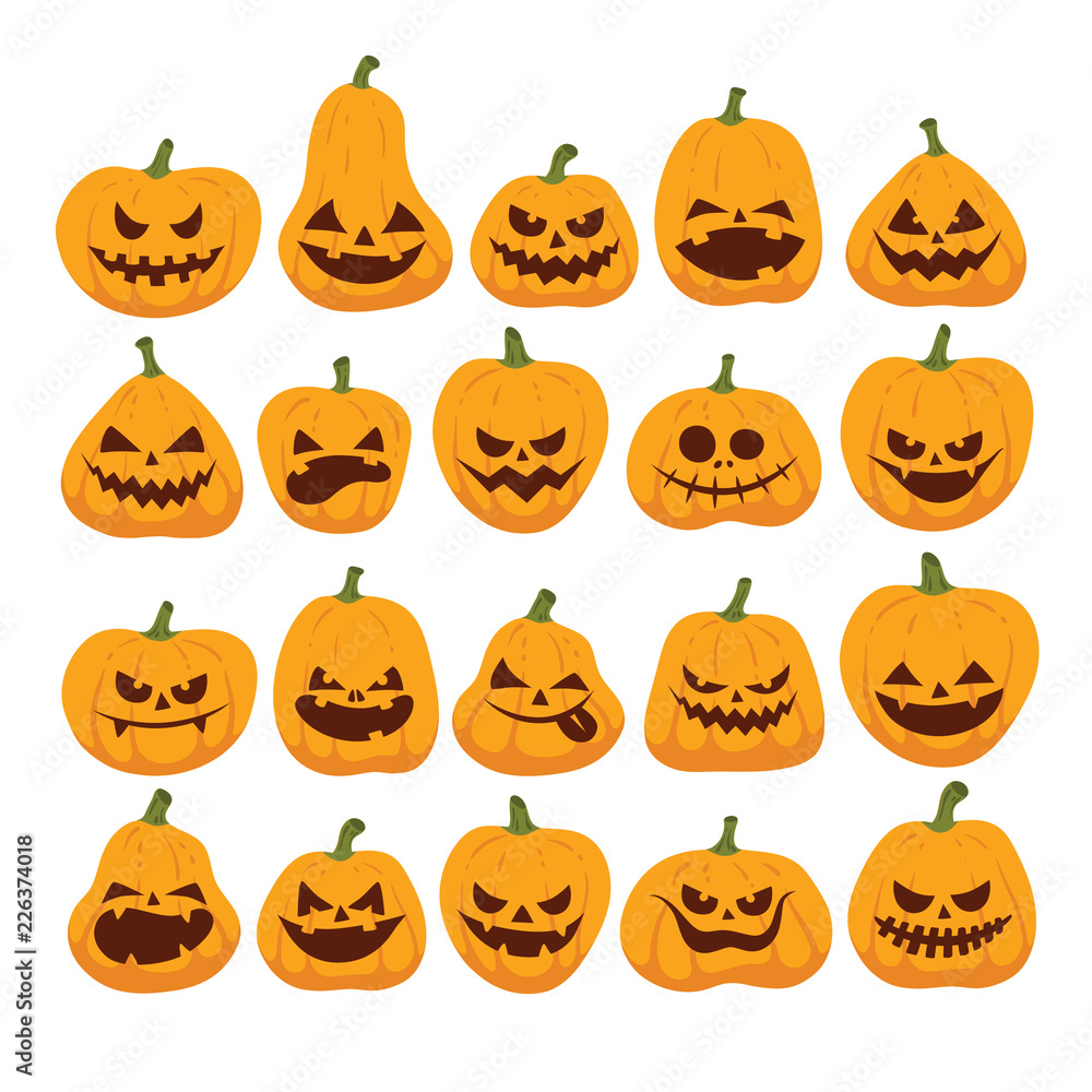 Vector halloween set of funny and scary pumpkins. Pumpkin dark silhouette. Flat design symbol collection. Simple graphic pictogram pack. Web, banner, card, business logo concept. Illustration. Vector halloween set of funny and scary pumpkins. Pumpkin dark silhouette. Flat design symbol collection. Simple graphic pictogram pack. Web, banner, card, business logo concept. Illustration.