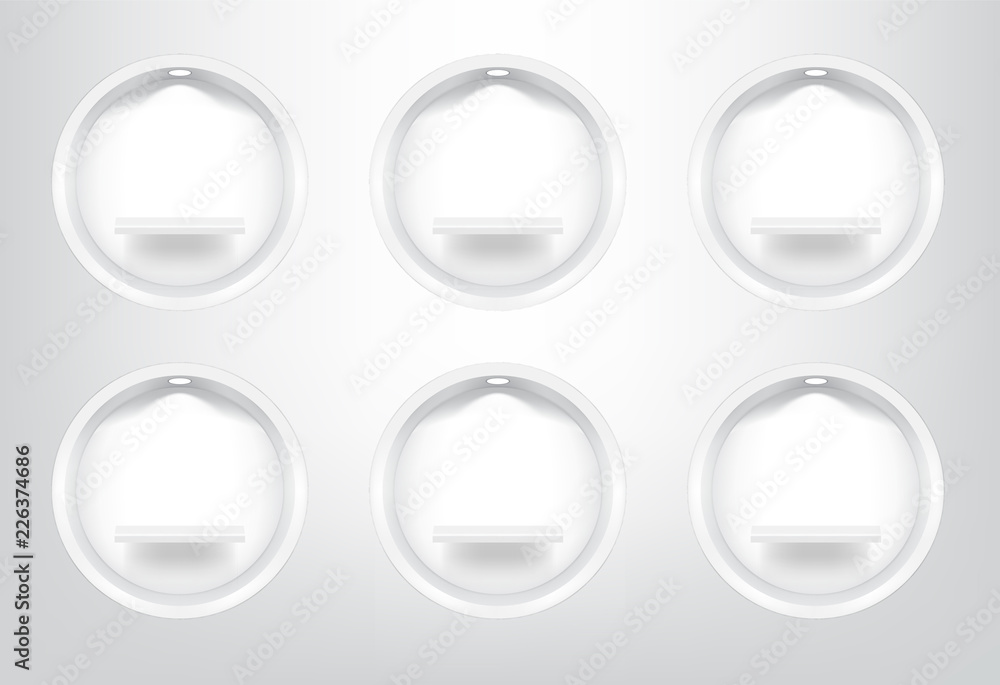 Mock up Realistic Empty Circle Shelves for interior to Show Product with light and shadow background illustration Mock up Realistic Empty Circle Shelves for interior to Show Product with light and shadow background illustration