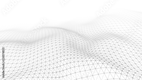 Wave white background. Abstract white futuristic background. Wave with connecting dots and lines on dark background. Wave of particles. 3D rendering. photo