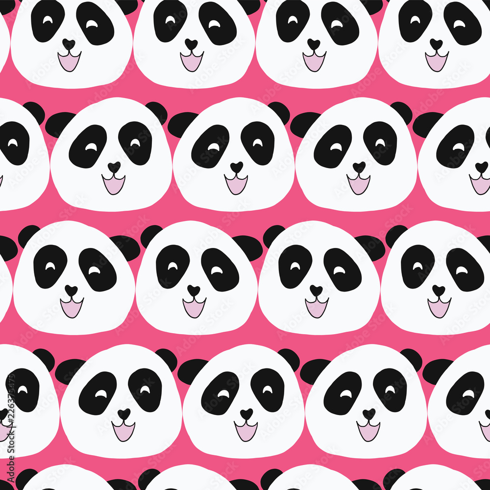 Kids pattern Panda bear seamless vector repeat. Cute animal illustration on pink background for girl. For fabric, paper, room decor, wallpaper, school, nursery, baby shower, card, birthday, stationery Kids pattern Panda bear seamless vector repeat. Cute animal illustration on pink background for girl. For fabric, paper, room decor, wallpaper, school, nursery, baby shower, card, birthday, stationery