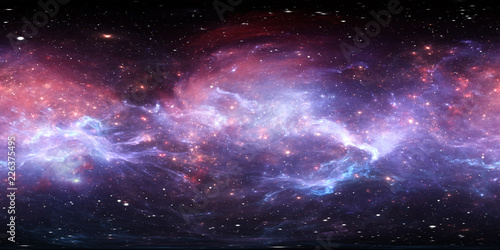 Fototapeta Naklejka Na Ścianę i Meble -  360 degree space nebula panorama, equirectangular projection, environment map. HDRI spherical panorama. Space background with nebula and stars