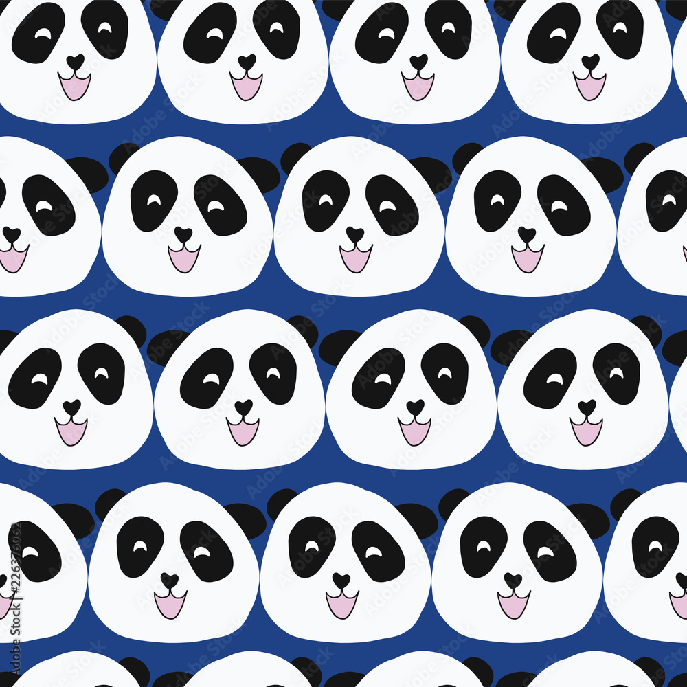 Panda bear seamless vector repeat pattern. Cute animal illustration on blue background for boys. For fabric, paper, kids room decor, wallpaper, school, nursery, baby shower, card, birthday, stationery Panda bear seamless vector repeat pattern. Cute animal illustration on blue background for boys. For fabric, paper, kids room decor, wallpaper, school, nursery, baby shower, card, birthday, stationery
