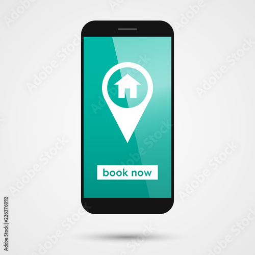 Hotel or house reservation illustration with smartphone screen mock up and booking icon in modern style.