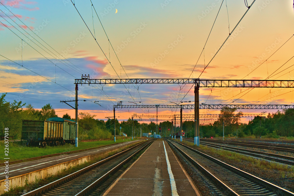 Railway station at sunset. Kostroma region, Russia.