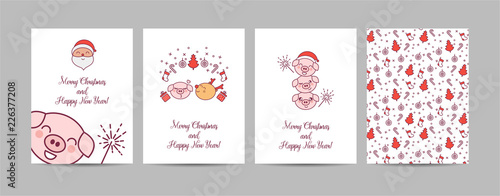 Template Christmas and New Year greeting cards with cute piglets in cartoon style. Seamless christmas pattern and other christmas symbols. Kawaii style. Symbol of Chinese New Year. Vector illustration