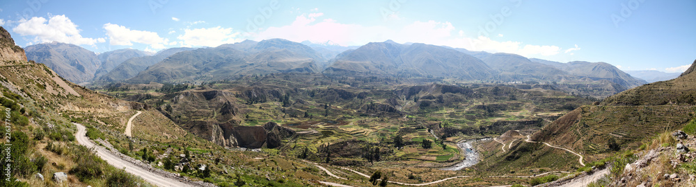 panorama of valley of colca canyon peru with inca terraces