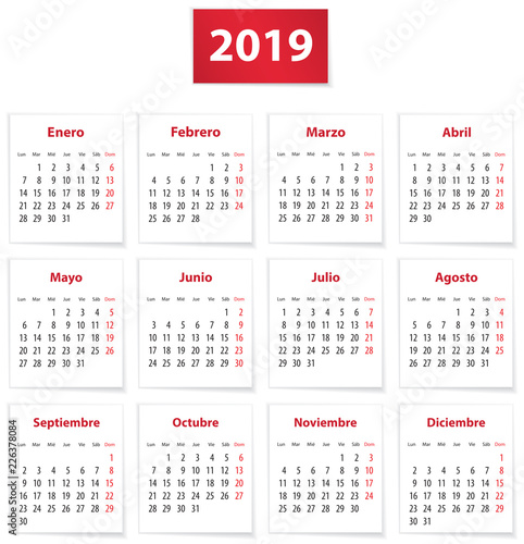 2019 Spanish calendar in red and white