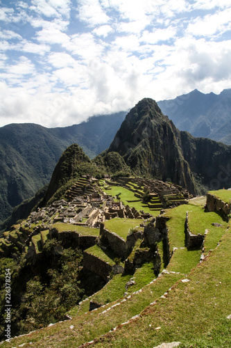 machu picchu peru different perspective with inca terrace in foreground and montana wayna picchu in background