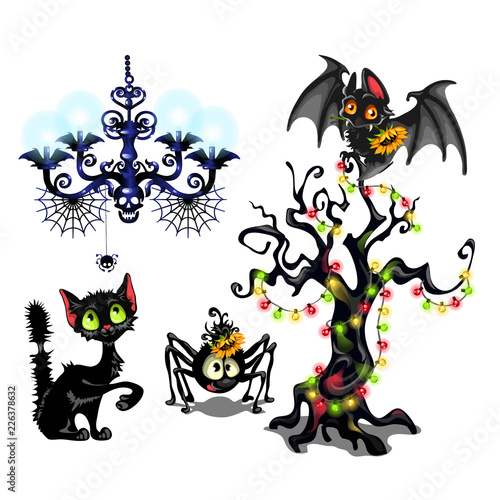 Set of elements to create poster on theme of Halloween holiday party. Cute bat, tree with garlands, black cat, spider, attributes of celebration of day of all evil spirits of Halloween. Cartoon vector