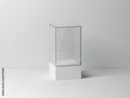 Фотография Glass box Mockup with white podium for product presentation