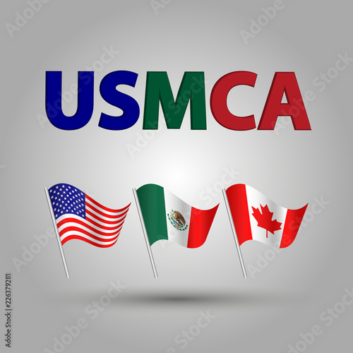 vector set of three waving american, canadian and mexican flags on silver pole - icon of states - the united states of America Mexico Canada Agreement with 3d blue green red text title USMCA