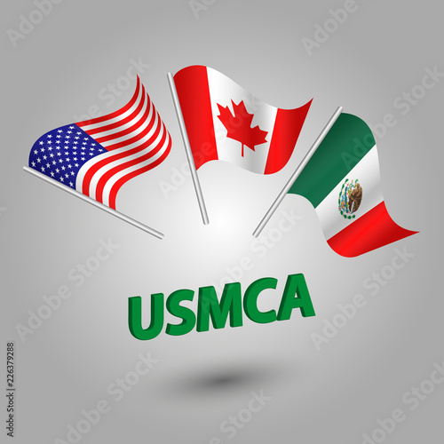 vector set of three waving american, canadian and mexican flags on silver pole - icon of states - the united states of America Mexico Canada Agreement with 3d green text title USMCA