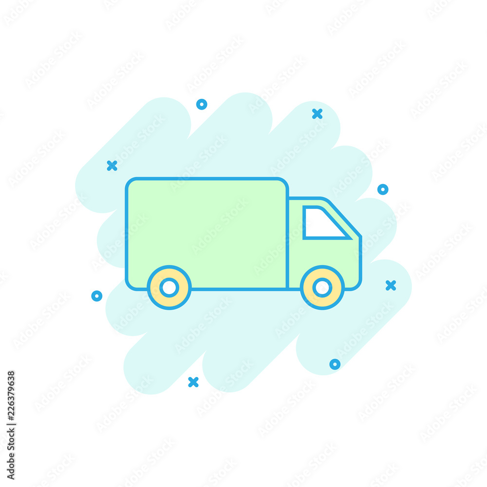 Cartoon colored truck, car icon in comic style. Fast delivery service shipping illustration pictogram. Car sign splash business concept. Cartoon colored truck, car icon in comic style. Fast delivery service shipping illustration pictogram. Car sign splash business concept.
