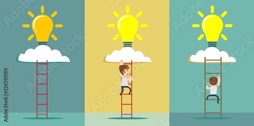 Ladder to cloud with idea light bulb. Success concept. Flat design. Vector illustration.