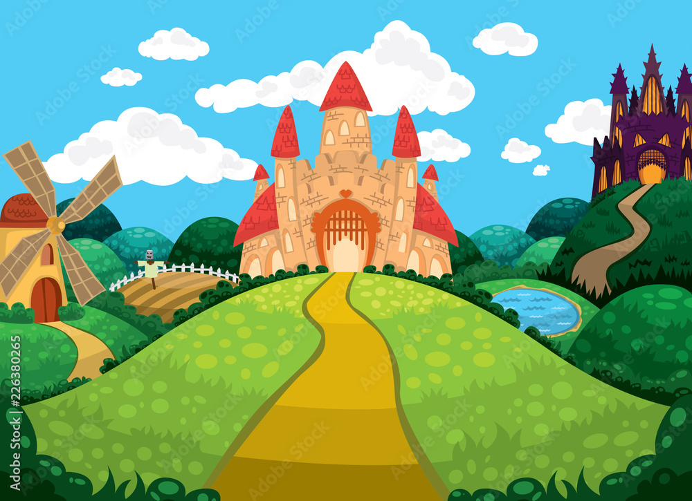 Naklejka premium Beautiful background with castles, pond, mill and fields.