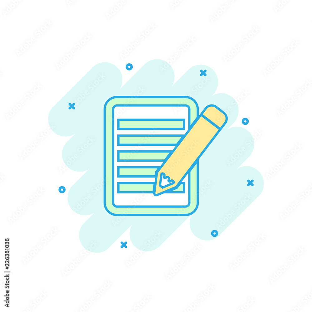 Cartoon colored document with pencil icon in comic style. Note illustration pictogram. Notebook sign splash business concept. Cartoon colored document with pencil icon in comic style. Note illustration pictogram. Notebook sign splash business concept.