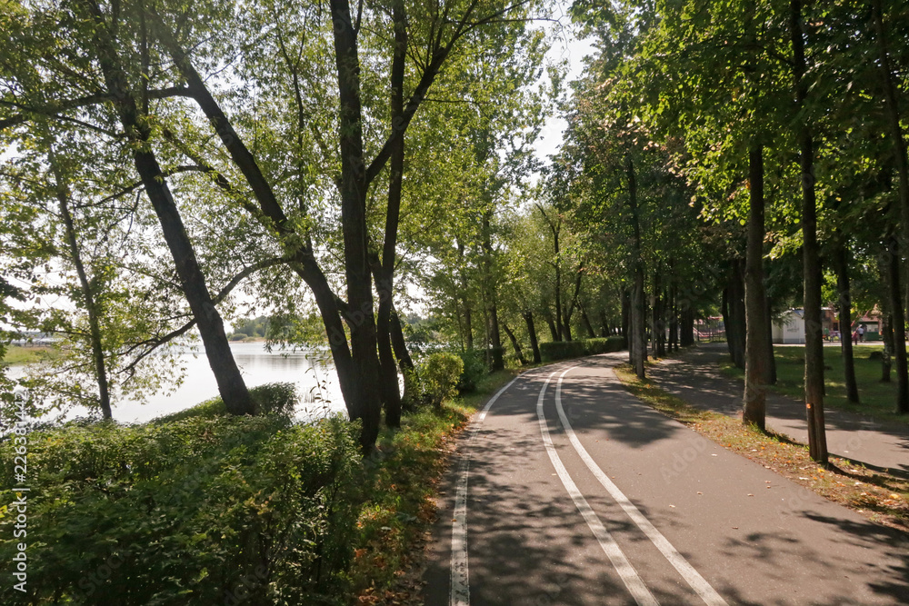 Bicycle path among the leaves of the Park alley. The Damansky island, Yaroslavl Bicycle path among the leaves of the Park alley. The Damansky island, Yaroslavl