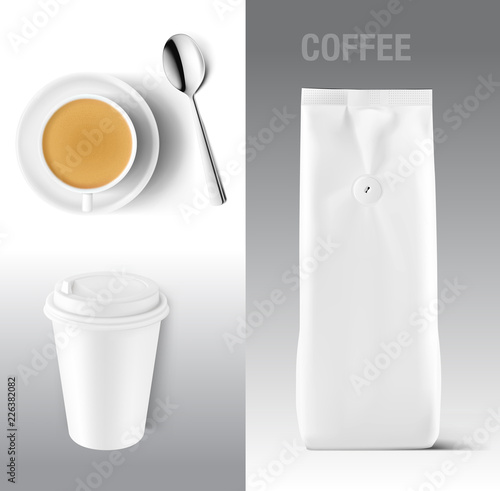 Set of doy pack package, coffee cup, spoon and take away mug. Vector illustrations on white background. Ready to use for your design. EPS10.