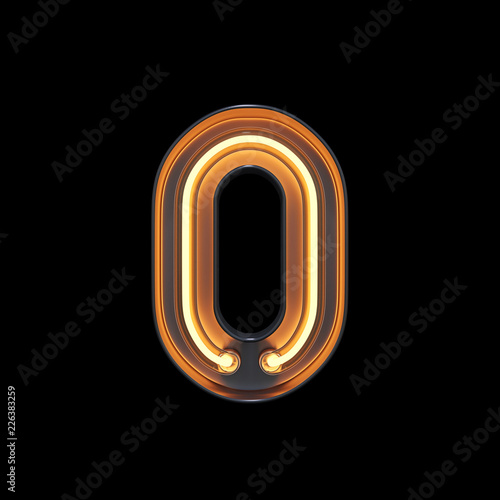 Number 0, Alphabet made from Neon Light with clipping path. 3D illustration