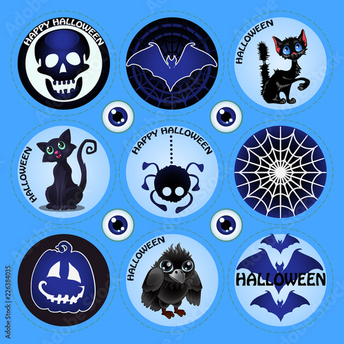 Set of attributes of the holiday of Halloween. Sketch for holiday stickers or invitation to the party with a picture of a black cat, bat, skull, spider, web, crow. Cartoon vector close-up illustration