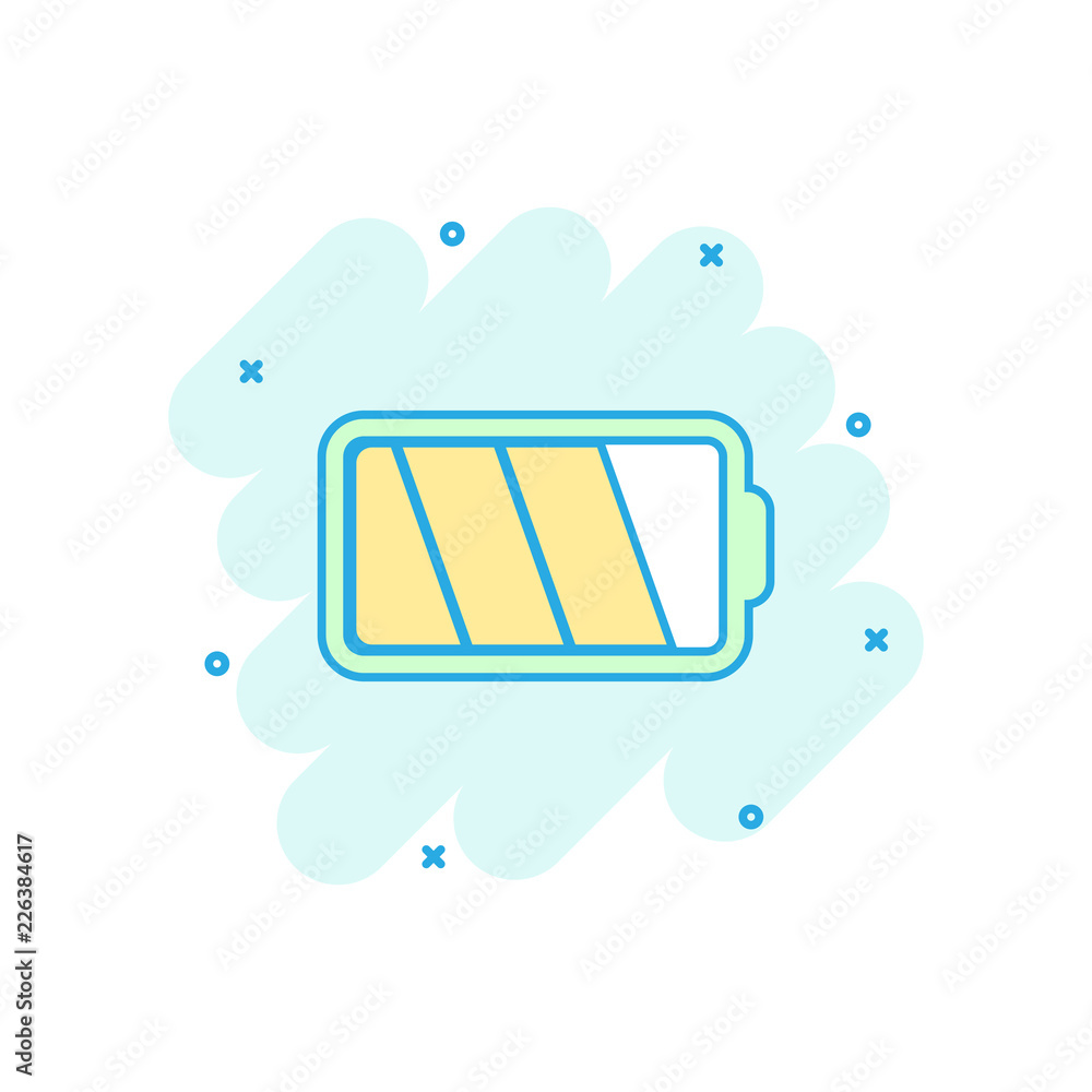 Cartoon colored battery icon in comic style. Battery power illustration pictogram. Accumulator sign splash business concept. Cartoon colored battery icon in comic style. Battery power illustration pictogram. Accumulator sign splash business concept.