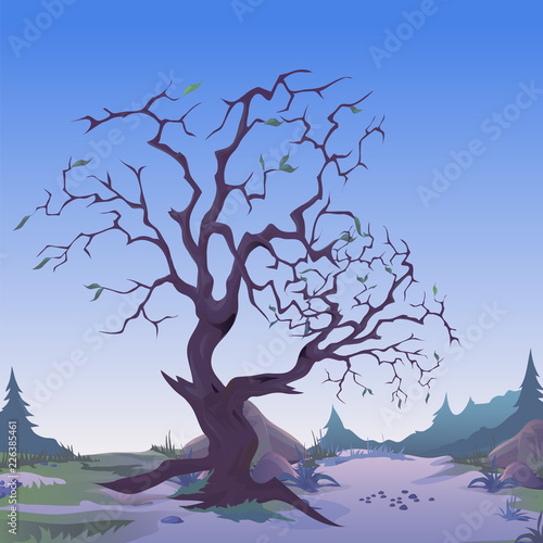 Dark withered tree in twilight. Sketch for greeting card, festive poster or party invitations of holiday of evil spirit Halloween. Solitary tree with a bare trunk. Vector cartoon close-up illustration