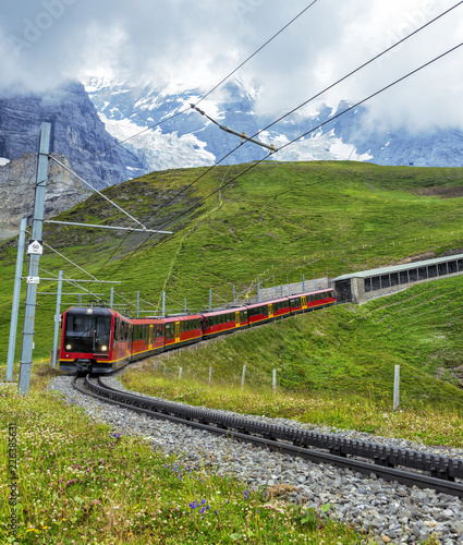 Swiss Mountain Train Returning to Alpine Station