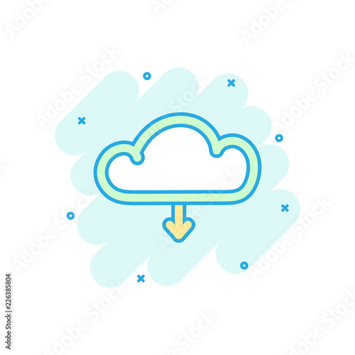 Cartoon colored internet cloud icon in comic style. Download illustration pictogram. Cloud sign splash business concept.