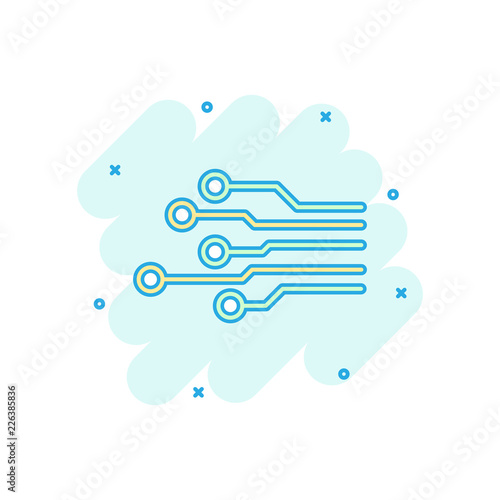 Cartoon colored circuit board icon in comic style. Technology scheme illustration pictogram. Microchip sign splash business concept.