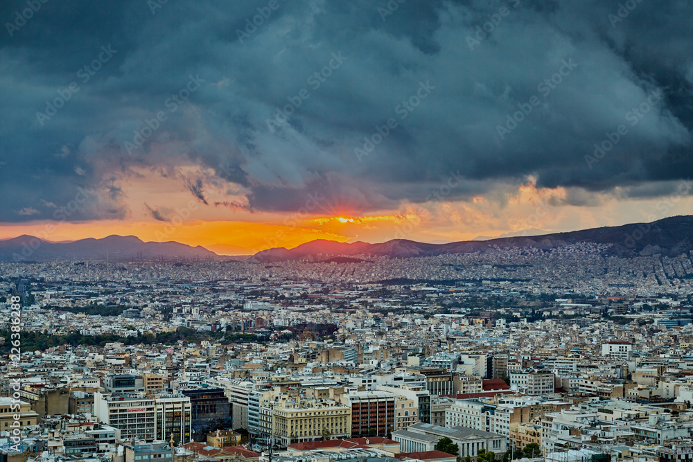 City of Athens Greece at the cloudy sunset