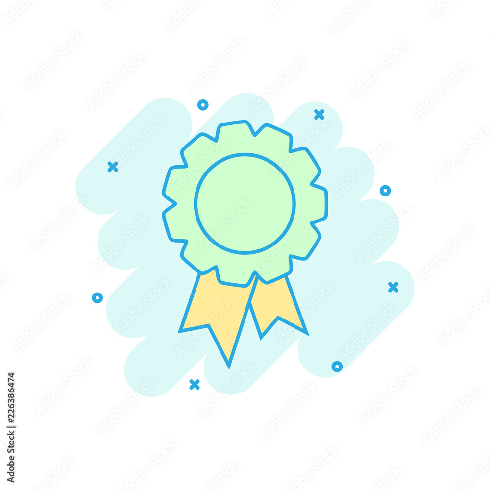 Cartoon colored badge ribbon icon in comic style. Award medal illustration pictogram. Certificate sign splash business concept. Cartoon colored badge ribbon icon in comic style. Award medal illustration pictogram. Certificate sign splash business concept.