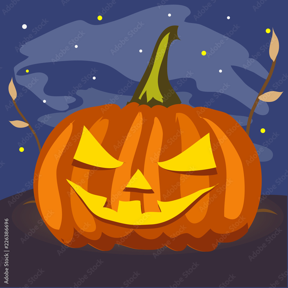 racket weekend Verwoesten Ripe pumpkin with carved eyes and mouth. Attribute of the holiday of  Halloween in the night. Poster on theme of Halloween holiday party. Cartoon  vector close-up illustration. Stock Vector | Adobe Stock