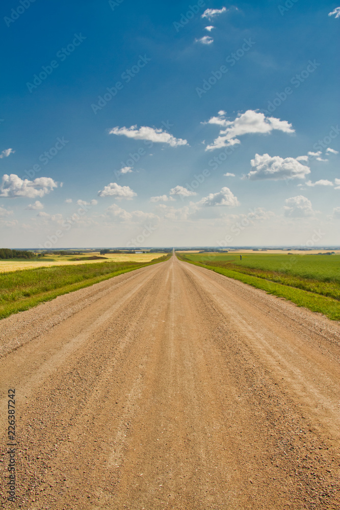A dirt road heading straight to the horizon in the Great Plains of Saskatchewan, Canada A dirt road heading straight to the horizon in the Great Plains of Saskatchewan, Canada