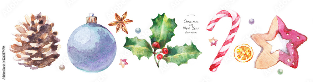 watercolor isolated illustration of Christmas and New Year decorations on the tree, hand-drawn drawings: ball, pine cone, holly, candy cane, orange, anise, wooden star - obrazy, fototapety, plakaty 