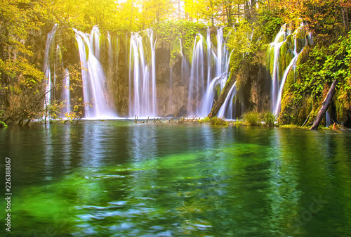 Beautiful lake in forest with waterfall of national park Plitvice, Croatia