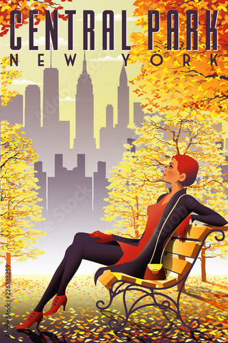 Girl on a bench in the fall in Central Park, New York