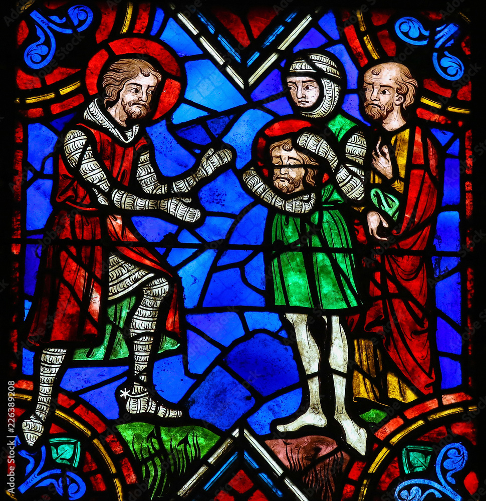 Medieval Knights carrying the head of a Christian Saint - Stained Glass