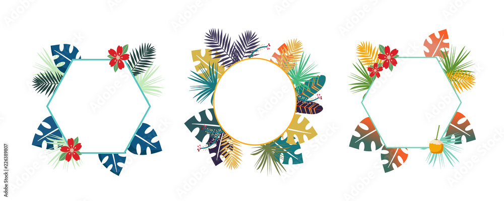 Tropical background SET with colorfull troical leaves. Herbal design with plants for cards, invitation, greeting design with blank space for a text