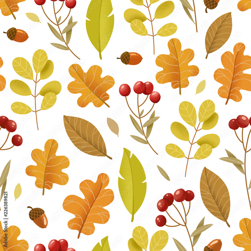 Obraz premium Bright autumn seamless pattern. Leaves and red berries isolated on white background
