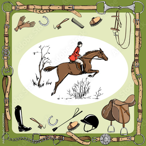 Equestrian sport with horse rider England steeplechase style. Derby in leather belt frame with bit, saddle, bridle, stirrup, brush, horse riding tack grooming tool. Hand drawing vector vintage art.