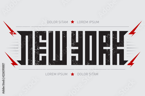 New York - poster with red lightnings and stars. Tee shirt apparels vintage cool print. Vector t-shirt design.