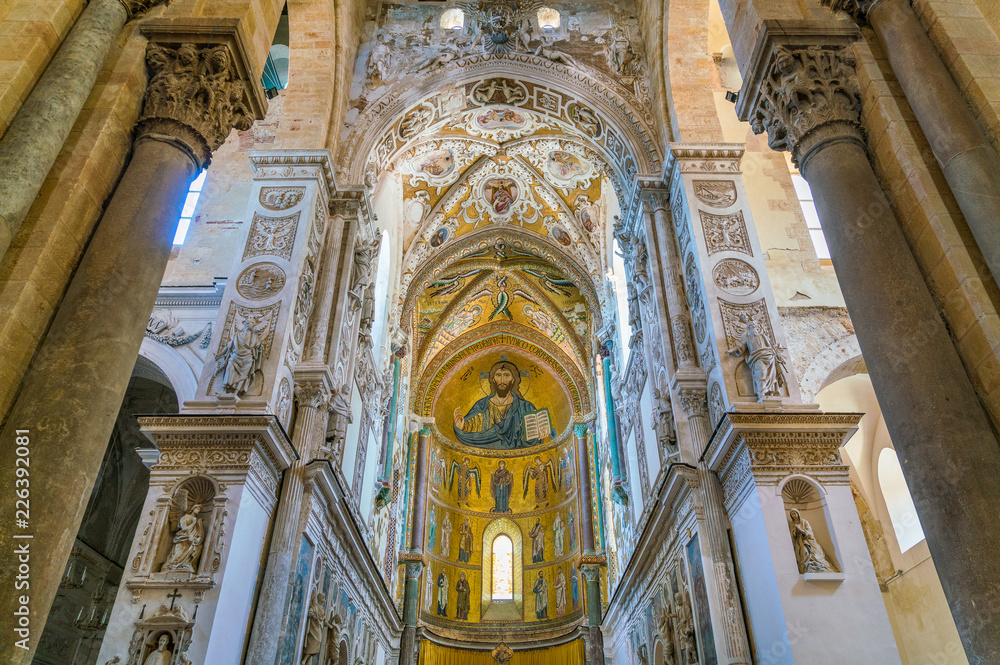 Indoor view in the amazing Cefalù Cathedral. Sicily, southern Italy.
