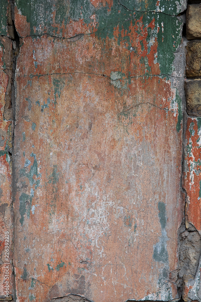 Green brown paint on wooden plank or fence. Green brown paint on wooden plank or fence.