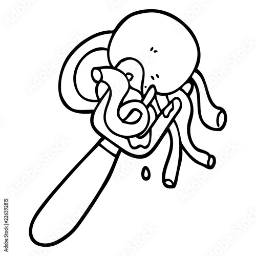 black and white cartoon spaghetti and meatballs on fork