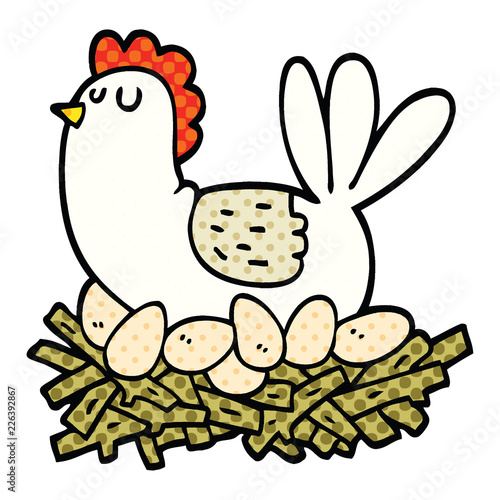 comic book style cartoon chicken on nest of eggs