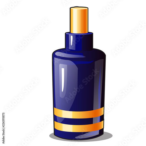 Blue aerosol spray a ceramic or glass bottle with a gold ornament isolated on white background. Vector cartoon close-up illustration.