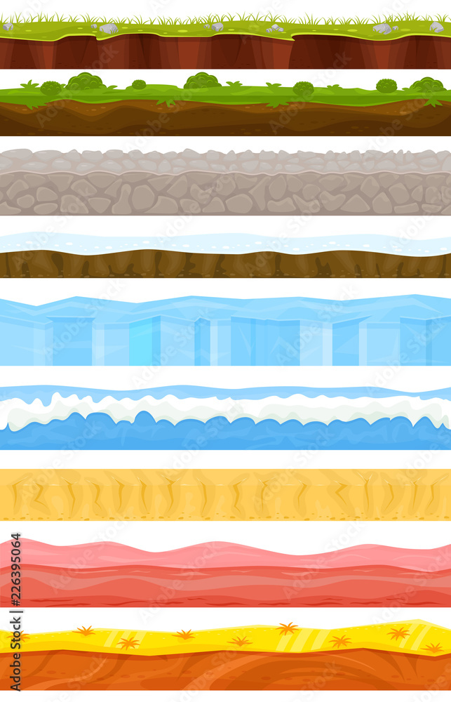 Obraz premium Game background vector cartoon landscape in summer or winter interface gamification and gaming scene grass stone ice backdrop illustration set of sea underwater ocean or desert wallpaper