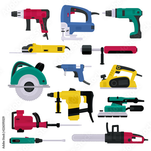 Power tools vector electrical drill and electric construction equipment power-planer grinder and circular-saw illustration machinery set of screwdriver in toolbox isolated on white background photo