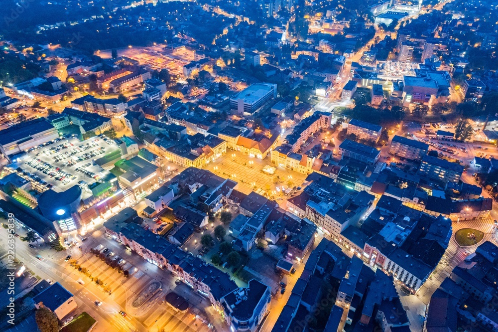 Fototapeta premium Aerial drone view Rybnik main square at night.