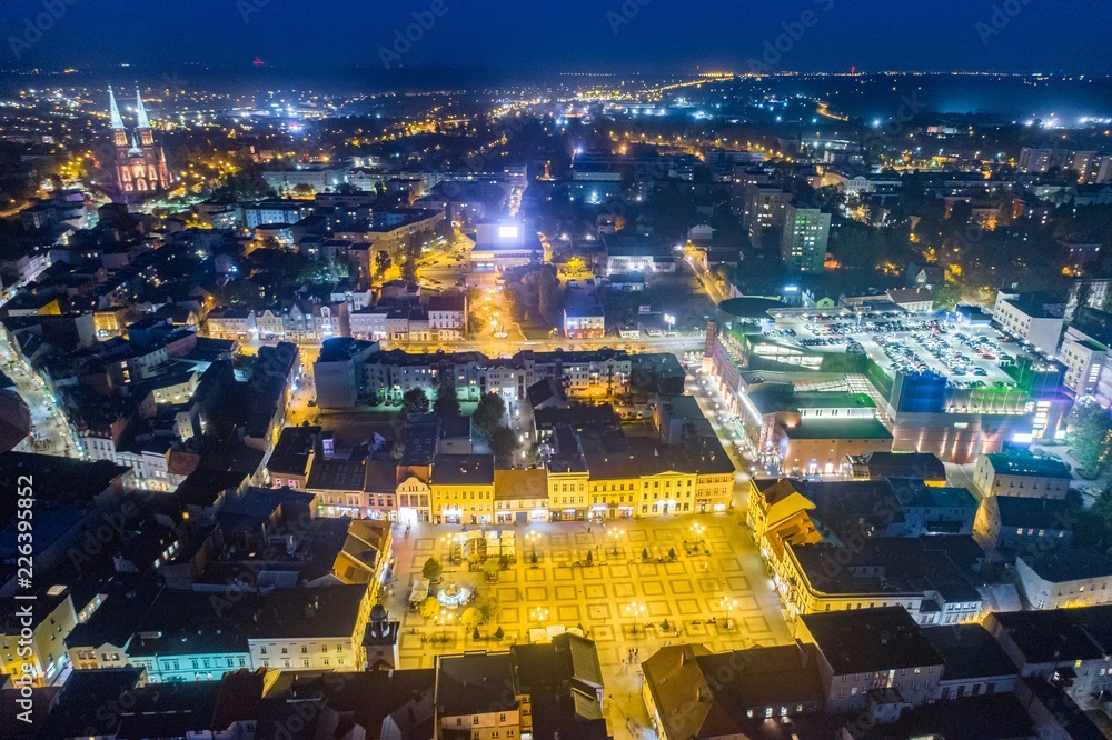Obraz premium Aerial drone view Rybnik main square at night.